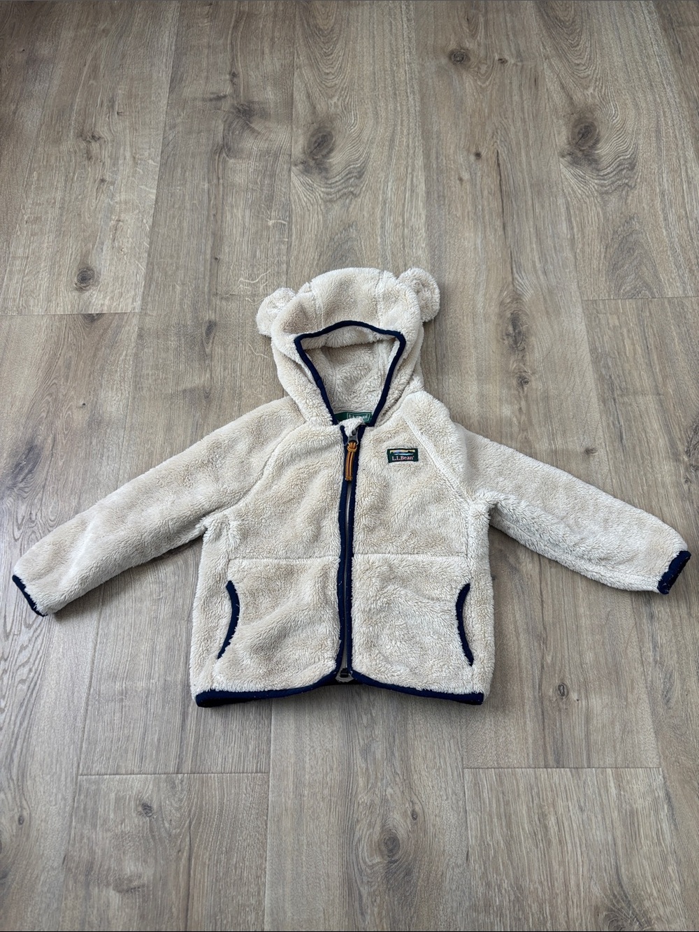 L.L. Bean Cream Teddy Hooded Fleece Jacket with Navy Trim